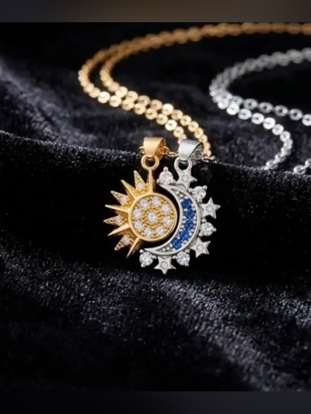 Gold and Silver Sun & Moon Pendant Necklace with Blue Accents - Picture 7 of 9